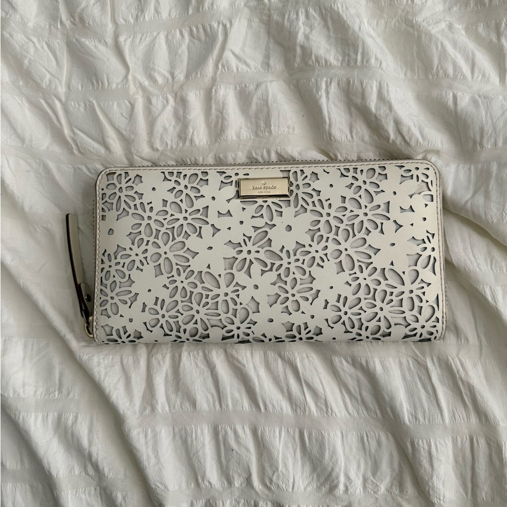 kate spade White Laser-Cut Floral Zip Wallet with Gold Plaque